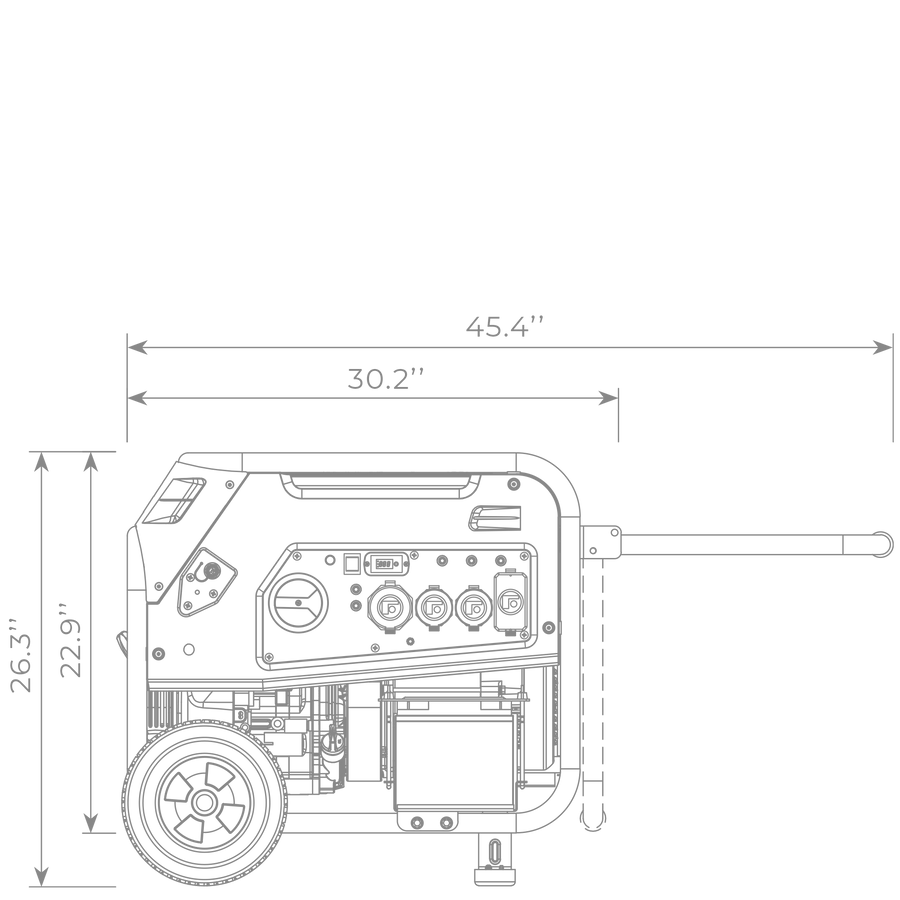 Technical blueprint of the FIRMAN Power Equipment Dual Fuel Portable Generator 9400W Electric Start 120/240V with CO Alert with labeled dimensions.
