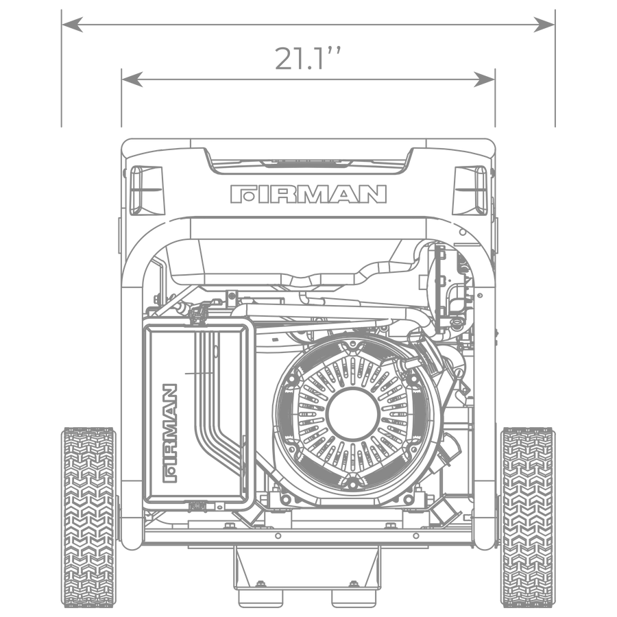 Technical diagram of a FIRMAN Power Equipment Dual Fuel Portable Generator 9400W Electric Start 120/240V with CO Alert, showing its top view with dimensions and internal components in a line drawing.