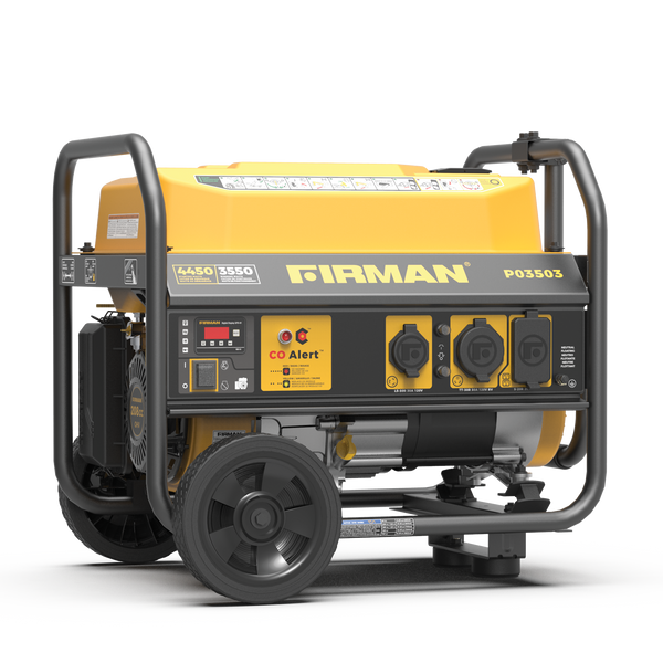 A portable FIRMAN Power Equipment Gas Portable Generator 4450W Recoil Start 120V with CO alert generator with large wheels, a yellow and black body, and multiple control knobs and outlets, California Emission Certified.