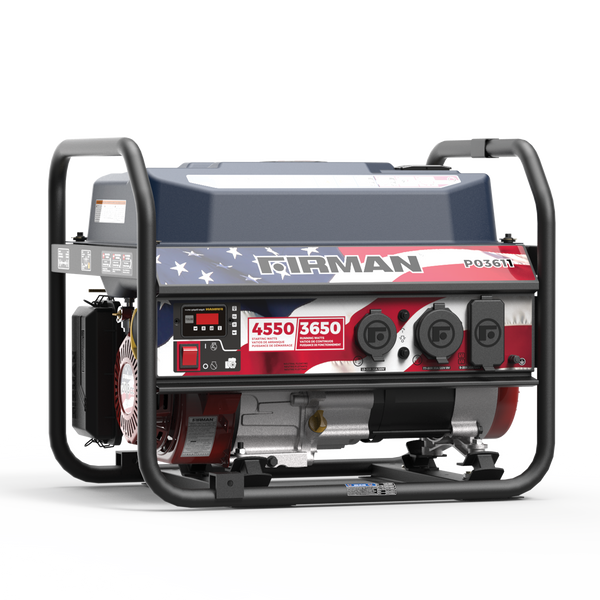 Portable generator ideal for camping trips, featuring a patriotic American flag design, with various outlets and control buttons on the front panel, the FIRMAN Power Equipment Gas Portable Generator 4550W Recoil Start 120V is a great choice.