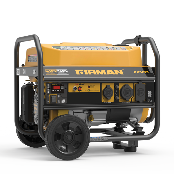 Yellow FIRMAN Power Equipment Gas Portable Generator 4550W Recoil Start 120V with CO Alert on wheels, displaying control panel and various outlets, with a modern design against a simple gray background, California Emission Certified.