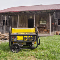 A Gas Portable Generator 4550W Recoil Start 120/240V with CO ALERT by FIRMAN Power Equipment in front of an old wooden barn with farming tools and a wooden table visible inside.