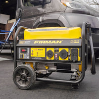 A yellow and black FIRMAN Power Equipment P03634 portable generator displayed outdoors, featuring CO Alert technology and mounted on wheels.