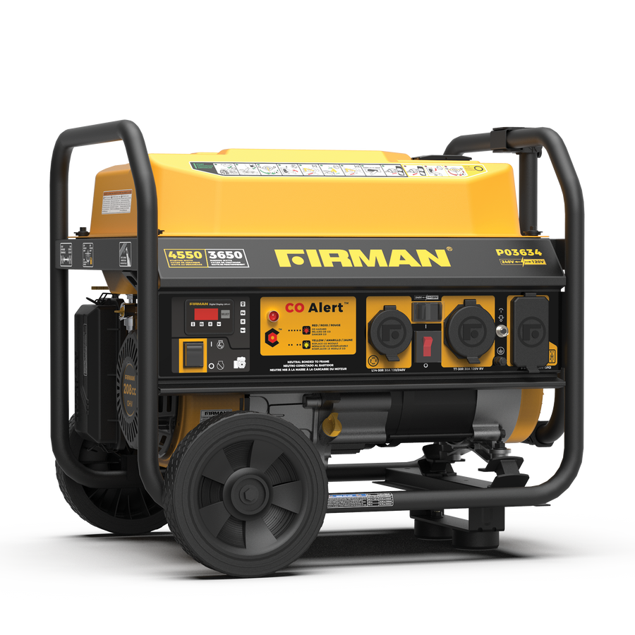 Portable FIRMAN Power Equipment P03634 generator featuring large wheels, control panel with various outlets, and CO Alert technology on a yellow body.