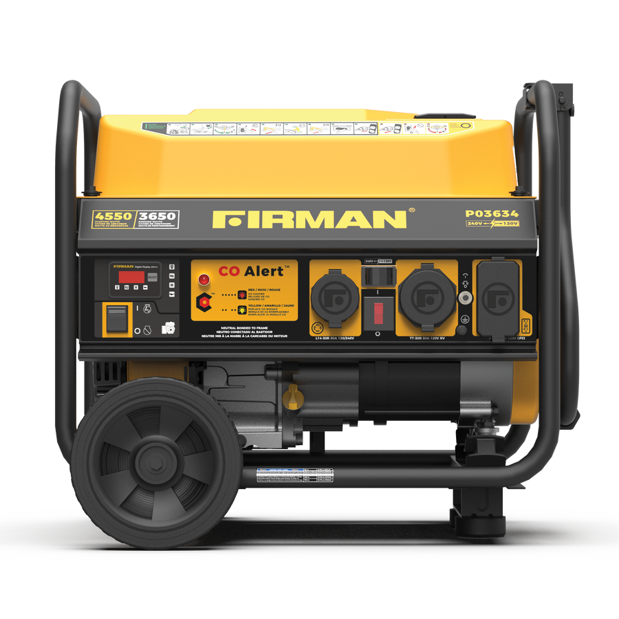 Portable FIRMAN Power Equipment P03634 gas generator with CO Alert technology, featuring control panel, wheels, and a yellow casing.