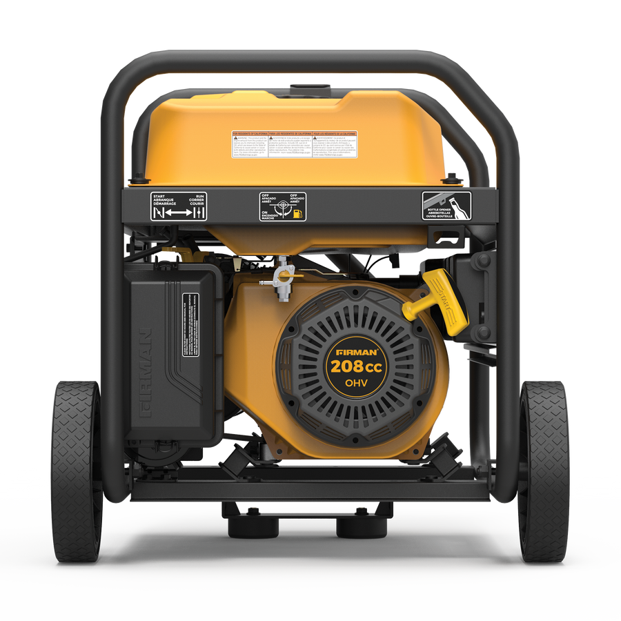 Portable gas-powered FIRMAN Power Equipment P03634 generator on wheels with a yellow and black color scheme, featuring a visible engine and control panel.