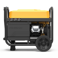 A portable FIRMAN Gas Portable Generator 4550W Recoil Start 120/240V with CO ALERT generator with a yellow top, black body, and wheels, viewed from the side showing the engine and controls.