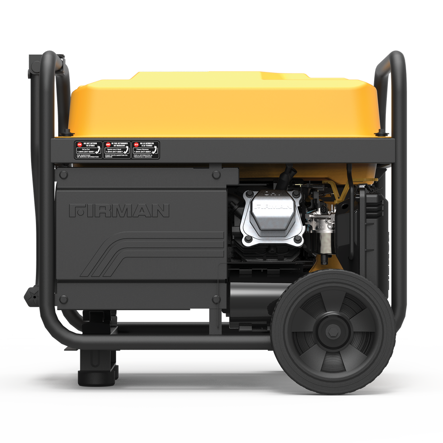 A portable FIRMAN Gas Portable Generator 4550W Recoil Start 120/240V with CO ALERT generator with a yellow top, black body, and wheels, viewed from the side showing the engine and controls.