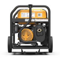 Rear view of a FIRMAN Power Equipment Gas Portable Generator 4550W Recoil Start 120/240V with CO ALERT showing engine details, warning labels, and sturdy frame with wheels.