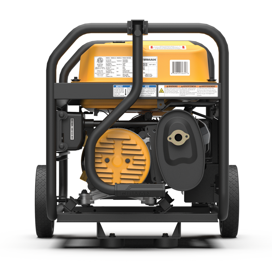 Rear view of a FIRMAN Power Equipment Gas Portable Generator 4550W Recoil Start 120/240V with CO ALERT showing engine details, warning labels, and sturdy frame with wheels.
