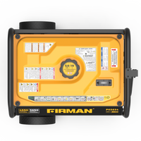 Top view of a yellow and black FIRMAN Power Equipment Gas Portable Generator 4550W Recoil Start 120/240V with CO ALERT technology with detailed labels and control interfaces.
