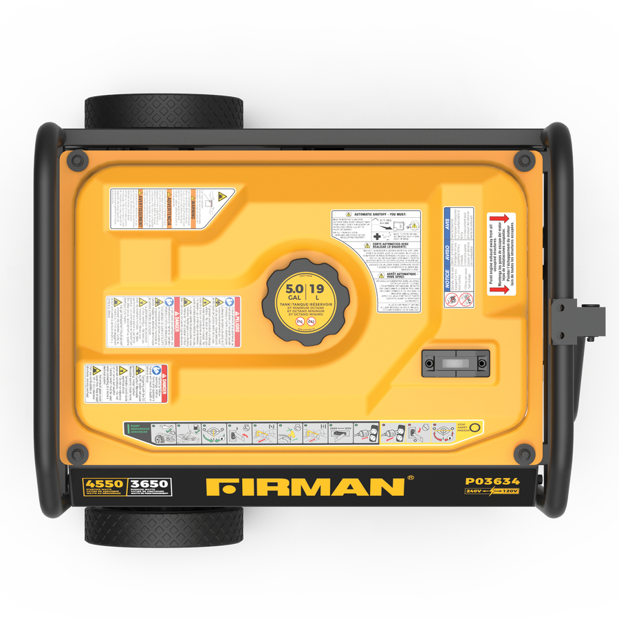 Top view of a yellow and black FIRMAN Power Equipment Gas Portable Generator 4550W Recoil Start 120/240V with CO ALERT technology with detailed labels and control interfaces.