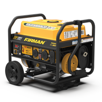 A portable FIRMAN Power Equipment P03634 Gas Portable Generator 4550W Recoil Start 120/240V with CO ALERT, with a yellow and black housing on wheels, featuring various outlets.