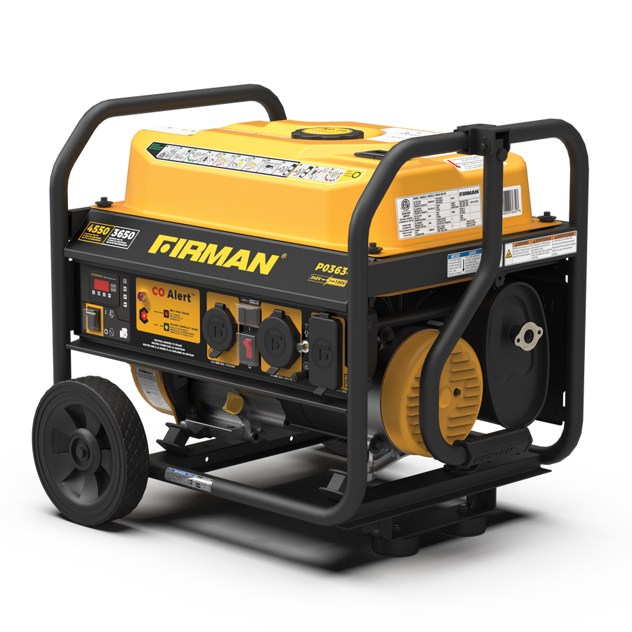 A portable FIRMAN Power Equipment P03634 Gas Portable Generator 4550W Recoil Start 120/240V with CO ALERT, with a yellow and black housing on wheels, featuring various outlets.