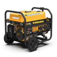 Portable FIRMAN Power Equipment Gas Portable Generator 4550W Recoil Start 120/240V with CO ALERT on wheels with visible control panel and engine, set against a striped background.