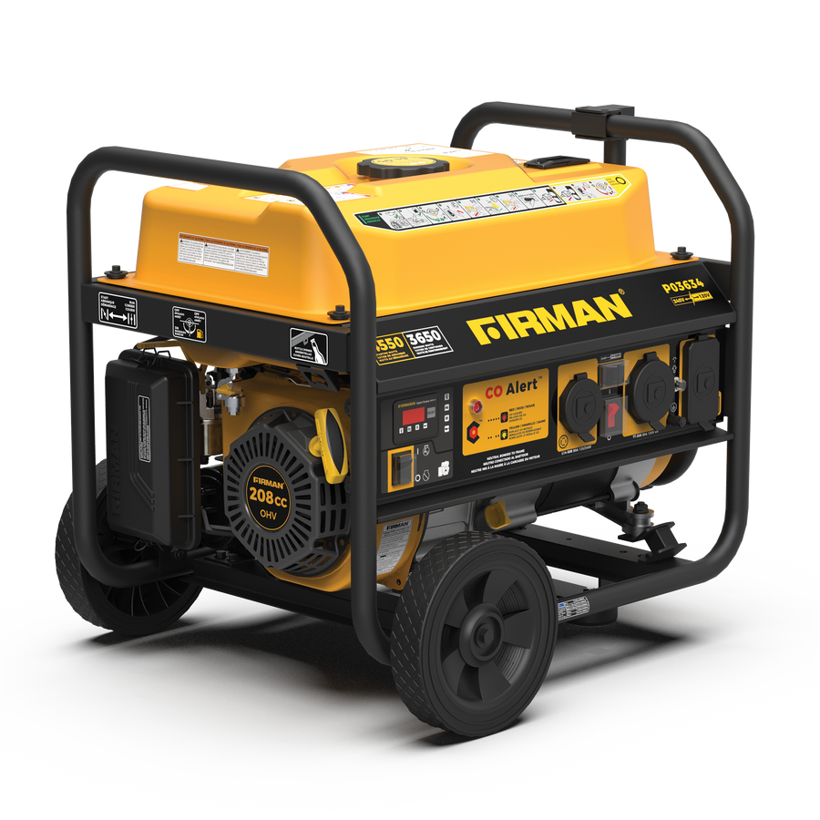 Portable FIRMAN Power Equipment Gas Portable Generator 4550W Recoil Start 120/240V with CO ALERT on wheels with visible control panel and engine, set against a striped background.