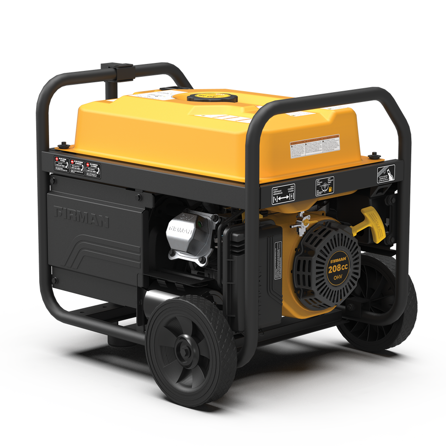 Portable FIRMAN Power Equipment Gasoline-powered generator with CO ALERT technology in a black and yellow frame, featuring a visible engine and control panel.