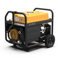 Portable gas generator on wheels with a protective metal frame, featuring a yellow fuel tank and black components, equipped with CO Alert technology - FIRMAN Power Equipment Gas Portable Generator 4550W Recoil Start 120/240V with CO ALERT.