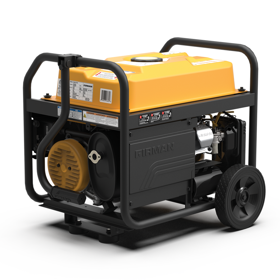 Portable gas generator on wheels with a protective metal frame, featuring a yellow fuel tank and black components, equipped with CO Alert technology - FIRMAN Power Equipment Gas Portable Generator 4550W Recoil Start 120/240V with CO ALERT.