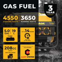Promotional image of the FIRMAN Power Equipment Gas Portable Generator 4550W Recoil Start 120/240V with CO ALERT highlighting its features including starting and running watts, tank capacity, runtime, engine size, and CO Alert technology.