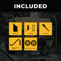 Advertisement highlighting accessories included with a FIRMAN Power Equipment Gas Portable Generator 4550W Recoil Start 120/240V with CO ALERT: engine oil, tool kit, oil funnel, single folding handle, and never flat wheels.