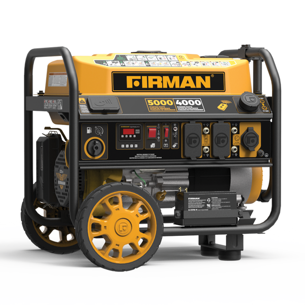 Yellow and black FIRMAN Gas Portable Generator 5000W Remote Start 120V with wheels, offering backup power through various power outlets and control buttons.