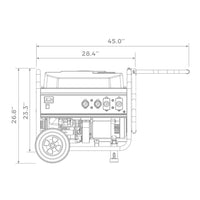 Technical line drawing of a FIRMAN Power Equipment Gas Portable Generator 7125W Recoil Start 120/240V for home backup power with labeled dimensions and detailed component layout.