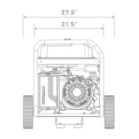 Technical blueprint of a FIRMAN Power Equipment Gas Portable Generator 7125W Recoil Start 120/240V showing dimensions, running watts, and internal components, viewed from the front.