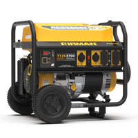 Yellow FIRMAN Power Equipment gas portable generator 7125W with recoil start and 120/240V on white background, displaying control panel and wheels, ideal for home back up power.