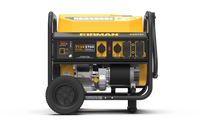 A yellow and black FIRMAN Power Equipment Gas Portable Generator 7125W Recoil Start 120/240V with wheels and a control panel visible, designed for home back up power, isolated on a white background.
