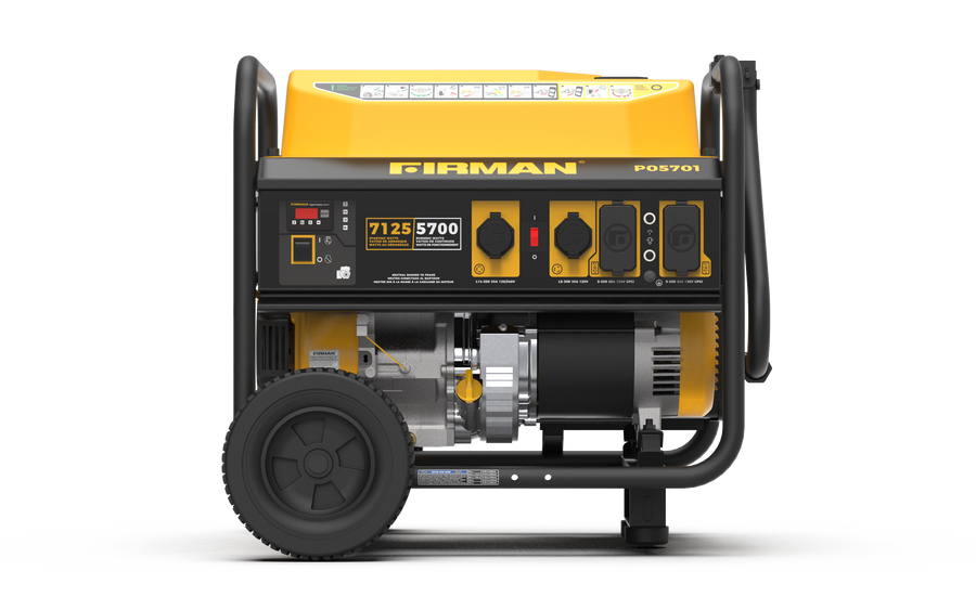 A yellow and black FIRMAN Power Equipment Gas Portable Generator 7125W Recoil Start 120/240V with wheels and a control panel visible, designed for home back up power, isolated on a white background.
