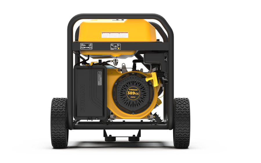 Portable FIRMAN Power Equipment gas generator on wheels against a white background, ideal for home back up power.
