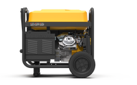 A yellow and black FIRMAN Power Equipment Gas Portable Generator 7125W Recoil Start 120/240V with visible engine components and wheels, isolated on a white background, perfect for home back up power.