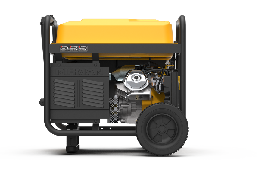 A yellow and black FIRMAN Power Equipment Gas Portable Generator 7125W Recoil Start 120/240V with visible engine components and wheels, isolated on a white background, perfect for home back up power.
