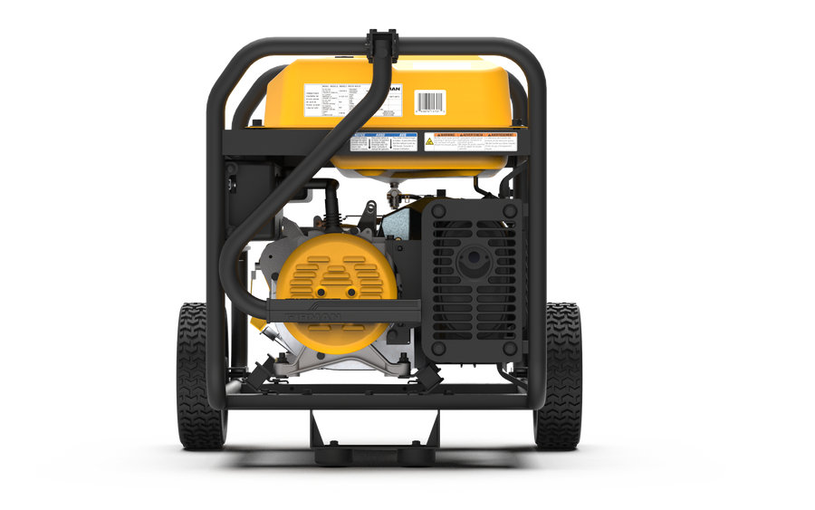A FIRMAN Power Equipment gas portable generator with a yellow fuel tank and black frame, featuring wheels at the base for mobility, displayed on a white background.