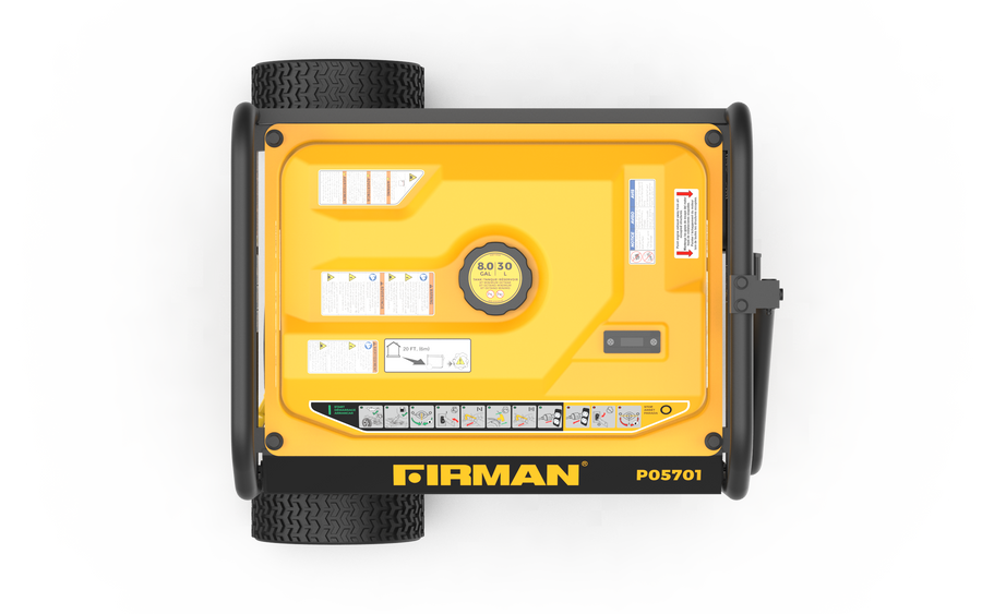 A yellow FIRMAN Power Equipment Gas Portable Generator 7125W Recoil Start 120/240V with black wheels.