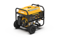 Portable yellow and black FIRMAN Power Equipment gas generator with home back up power on wheels with multiple outlets, displayed on a white background.
