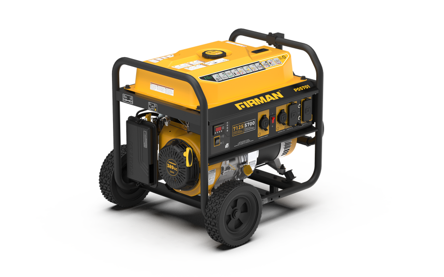Portable yellow and black FIRMAN Power Equipment gas generator with home back up power on wheels with multiple outlets, displayed on a white background.