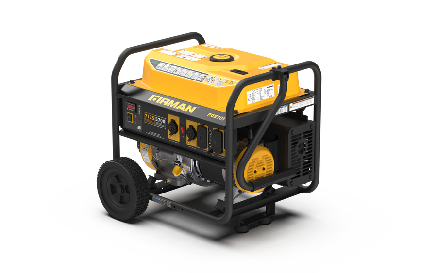 Portable FIRMAN Power Equipment generator on wheels, featuring a yellow and black design with various outlets, displayed on a white background. Ideal for home back-up power.