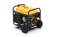 A FIRMAN Power Equipment portable yellow and black Gas Portable Generator 7125W Recoil Start 120/240V on a black metal frame with wheels and a handle, isolated on a white background.