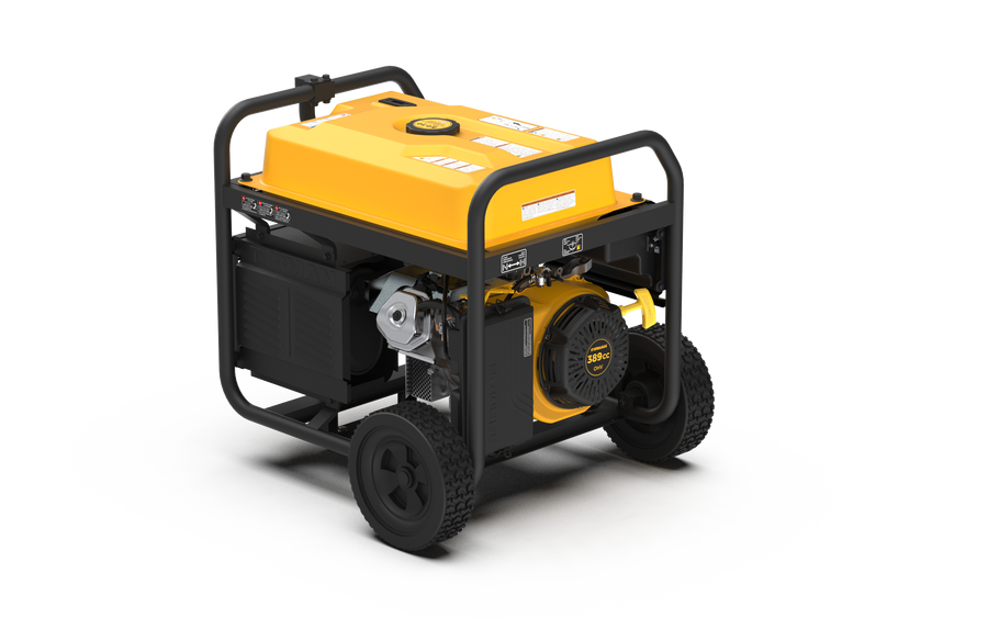 A FIRMAN Power Equipment portable yellow and black Gas Portable Generator 7125W Recoil Start 120/240V on a black metal frame with wheels and a handle, isolated on a white background.
