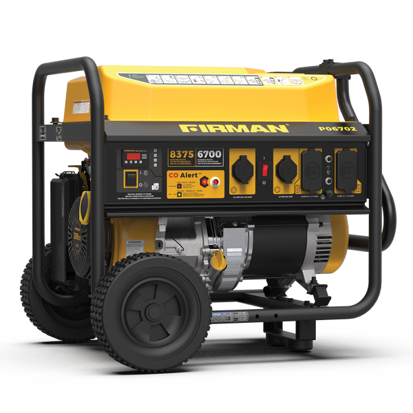 A yellow and black FIRMAN Power Equipment Gas Portable Generator 8350W Recoil Start 120/240V With CO Alert, displaying power ratings of 8350 starting watts and 6700 running watts, featuring multiple outlets and a comprehensive control panel.