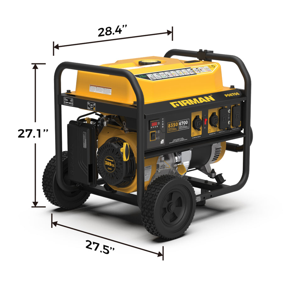 Portable FIRMAN Power Equipment P06706 gas power generator on wheels, with measurements displayed: 28.4 inches long, 27.1 inches high, and 27.5 inches wide.