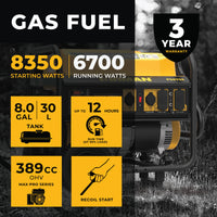 Advertisement for the FIRMAN Power Equipment P06706 gas-powered portable generator highlighting features like 8350 starting watts, 6700 running watts, 8.0l tank, and up to 12 hours of runtime.