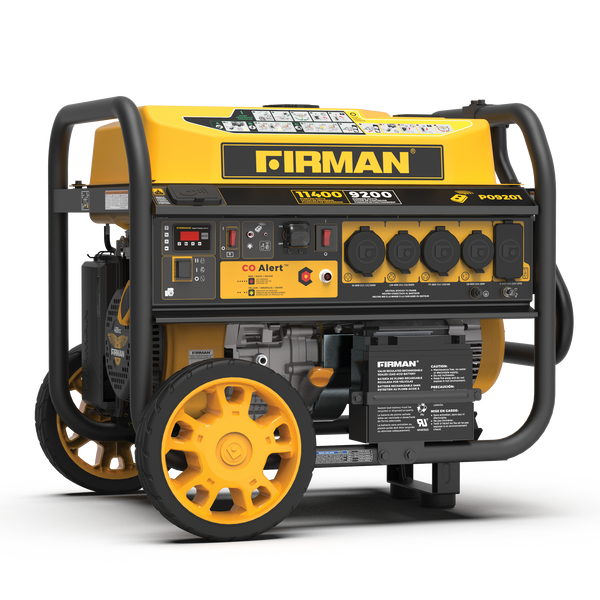 Yellow and black FIRMAN Power Equipment Gas Portable Generator 11400W Remote Start 120/240V with CO alert, featuring multiple outlets.