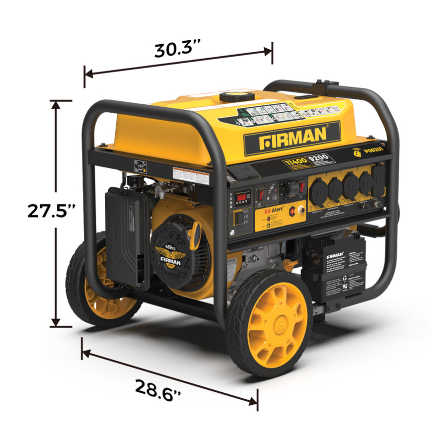 Yellow and black FIRMAN Power Equipment Gas Portable Generator 11400W Remote Start 120/240V with CO alert on wheels, displaying dimensions: 30.3 inches in length, 27.5 inches in height, and 28.6 inches in width