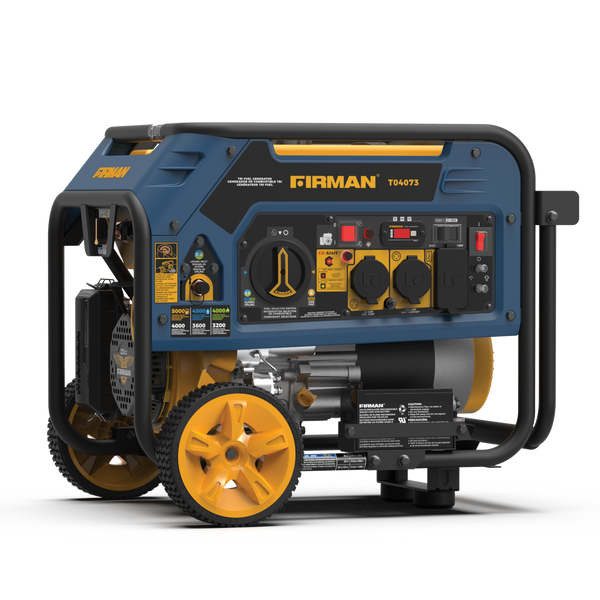 Portable FIRMAN Tri Fuel Portable Generator 4000W Electric Start 120/240V with CO ALERT generator with yellow and blue exterior, featuring multiple outlets, control panel, CO Alert technology, and wheels.