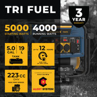 Promotional image of the FIRMAN Power Equipment Tri Fuel Portable Generator 4000W Electric Start 120/240V with CO ALERT, highlighting key features like 5000 starting watts, 4000 running watts, 19l tank, and