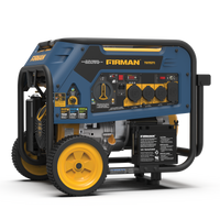 A blue and black FIRMAN Power Equipment T07571 Tri-Fuel generator with yellow wheels, featuring multiple power outlets and control buttons on the side panel.