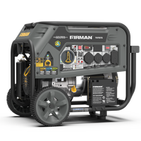 A portable FIRMAN Power Equipment generator featuring multiple outlets, a control panel, and oversized wheels, trifecta running on gasoline, with visible engine and frame details.